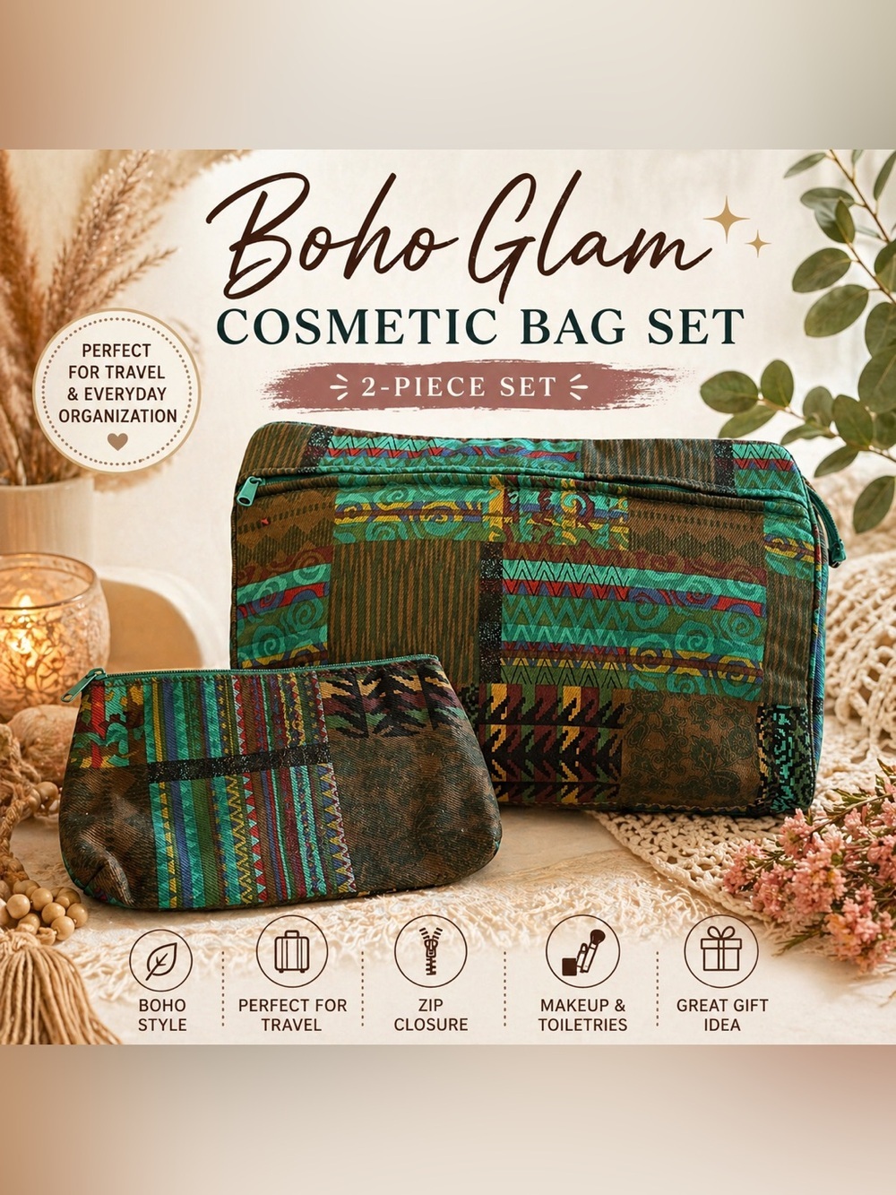 Boho Tribal Print Cosmetic Bag Makeup Pouch Set 2 Piece